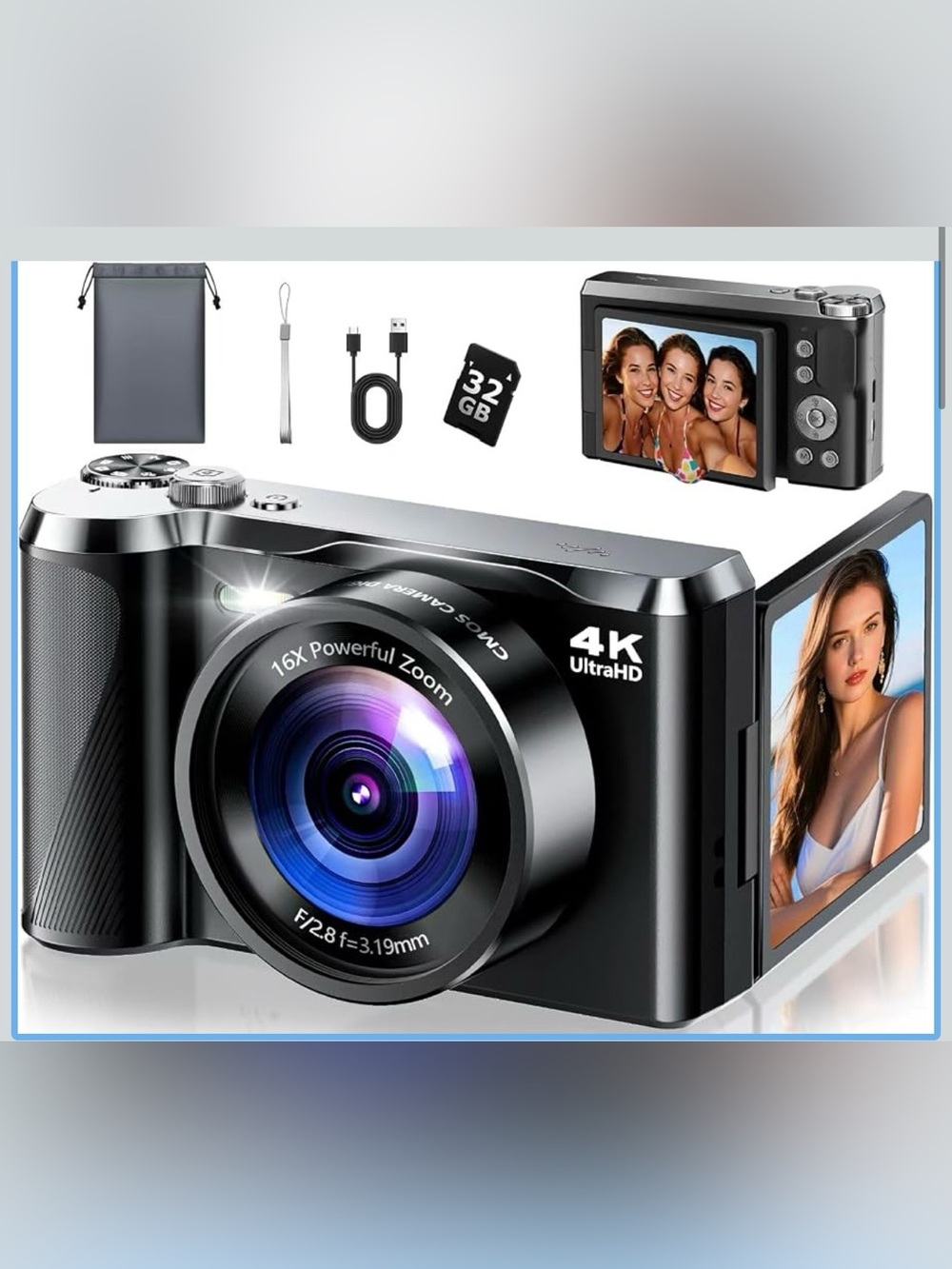 4K Ultra HD Digital Camera - Black - Compact Travel Camera with Flip Screen